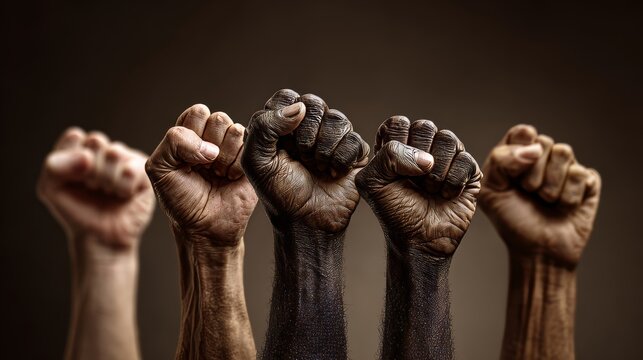 civil war era studio shot of various african american raised fists
