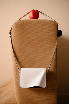White Leather Bag With Red Pepper
