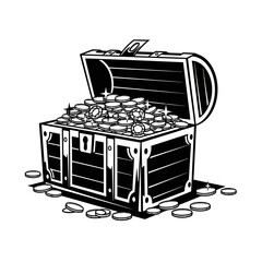 Antique Treasure Chest Overflowing with Gold Coins, Black and White Illustration © imam