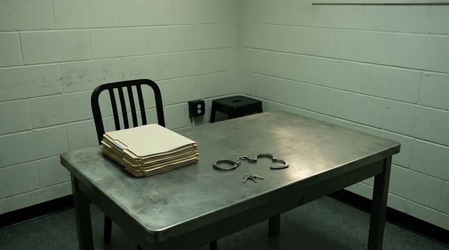 Empty interrogation room with handcuffs and case files on a metal table