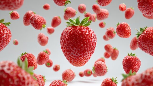 Dozens of strawberries suspended in air as if frozen in time