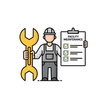 Maintenance worker holding wrench and checklist, facility service icon