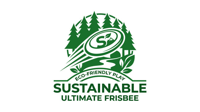 Sustainable ultimate frisbee logo with eco-friendly play text and forest elements