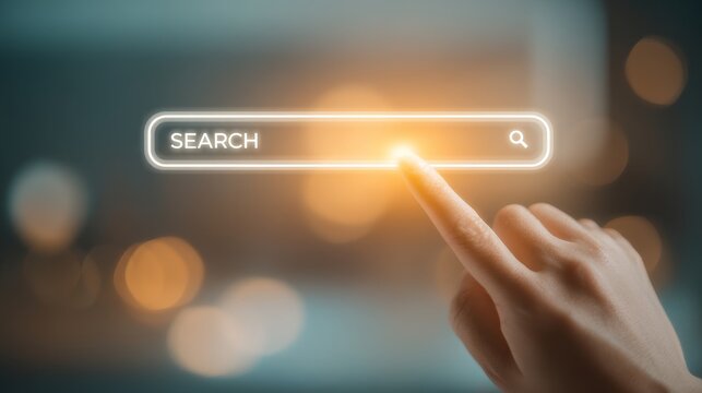 Finger touching search bar on virtual screen, browsing global job information, networking, optimizing research