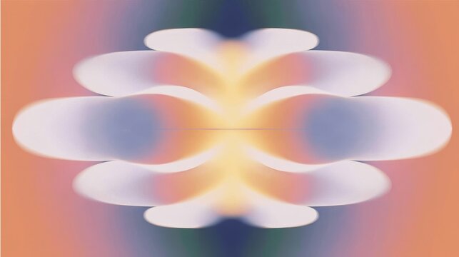 soft blurred symmetrical glowing symbol, abstract totemic shape blue mushroom, centered composition, no sharp edges, heavy gaussian blur, strong bloom glow, smooth horizontal sunset gradient backgroun