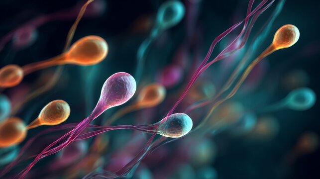 hundreds of sperm traveling through a dark womb toward the seven colors of chakras, soft focus, CMYK color mode. Clean background