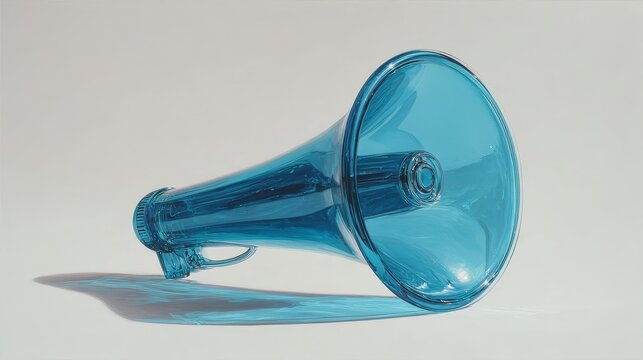 Hyperrealistic photorealism glassmorphism of a megaphone made of blue glass on a white background.