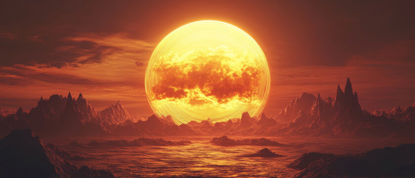 Epic sci-fi landscape of a giant blazing sun rising over an orange alien planet ocean and mountains