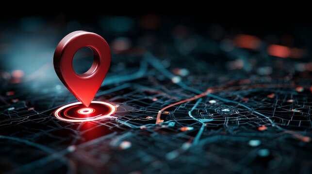 image of a GPS map with a 3d location icon. Night time, with a hint of red light. 