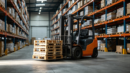 Forklift Transporting Wooden Pallets in Warehouse © MIDA