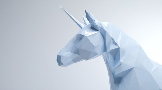 Low poly blue unicorn, faceted geometric surfaces, angular polygon structure, matte white material, soft studio lighting, abstract yet elegant, 3D render, neutral background, modern digital art