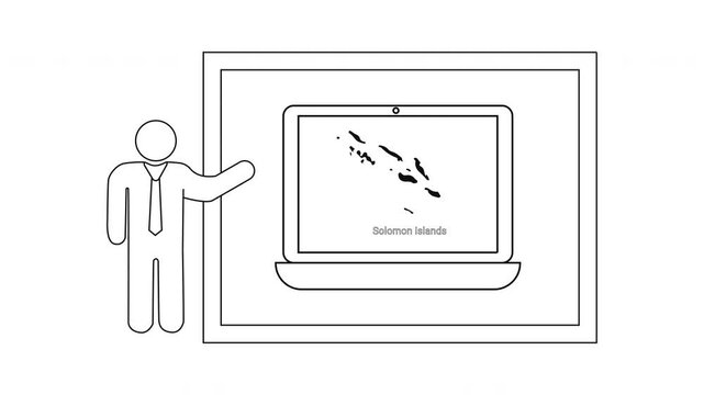 Man presenting Solomon Islands map on laptop screen in a presentation.