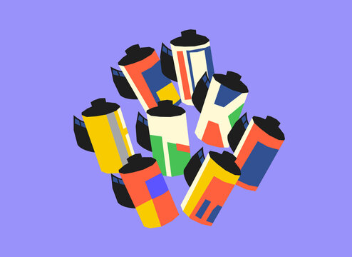 Pile of 35mm film rolls analog photography flat illustration