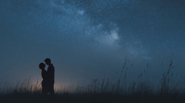 night sky, shadow of a young couple in the foreground in a loving embrace. Clean background
