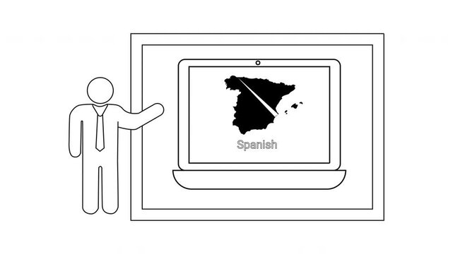 Man presenting Spanish map on laptop screen in a clean line art style.