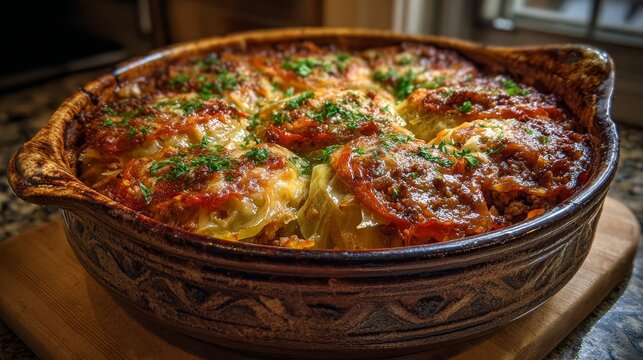 cabbage roll casserole fresh out of the oven, layered with ground beef, cabbage, rice, and tomato sauce, baked in a rustic ceramic dish