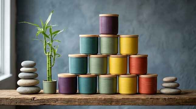 Susunan piramida toples keramik warna-warni bersanding dengan bambu dan batu zen melambangkan keseimbangan hidup harmoni alam dan relaksasi spa
