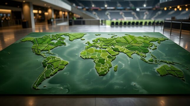 Detailed three dimensional world map crafted from lush green grass textures featuring intricate white borders displayed on a flat surface in a modern architectural building interior