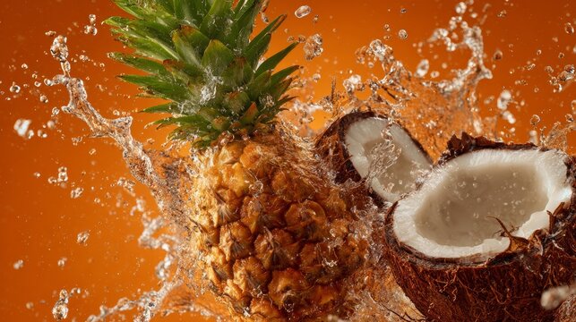 pineapple and coconuts splashing together mouth watering on oragne background