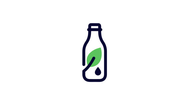 Minimalist icon of a bottle with a leaf and waterdrop for natural product illustration