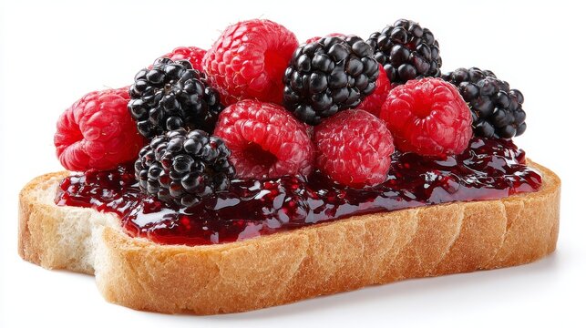 Sandwich white bread with berry jam, fresh raspberries and blackberries on top.