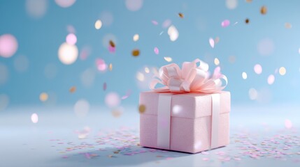Fototapeta premium Delightful Pink Gift Box Surrounded by Colorful Confetti in a Bright and Cheerful Atmosphere