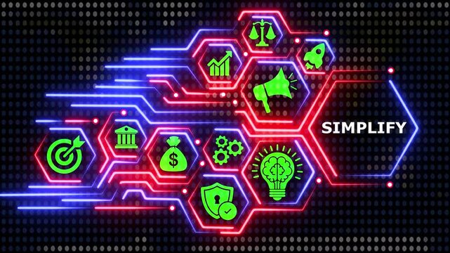 Simplify concept with glowing technology network and icons motion.