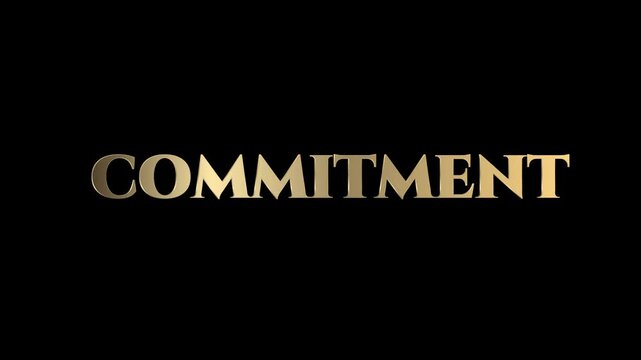 Animated gold text effect 'commitment' word particles moving across black background