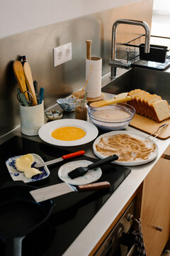 Ingredients ready to make the traditional Spanish dessert, Torrijas