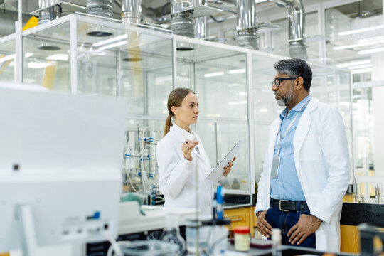 Two scientists young woman and Indian man in real laboratory