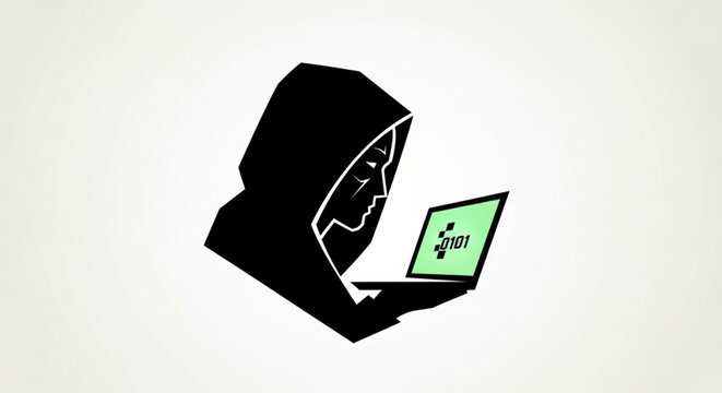 Geometric Black Hacker Figure with Glowing Green Laptop Illustration