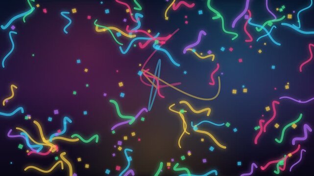 Neon wavy lines and confetti particles floating on a dark background