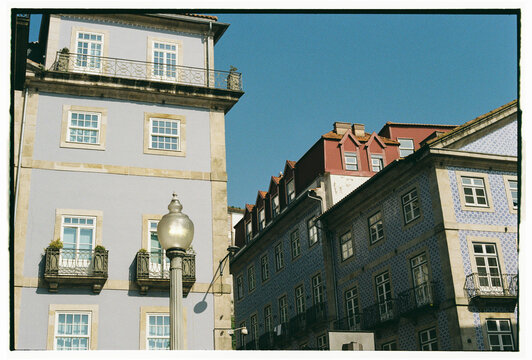 Traditional Porto buildings with azulejo tiles and balconies Portugal