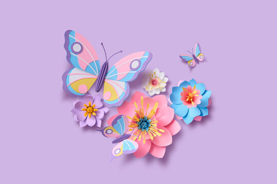 Paper butterflies and flowers on purple background