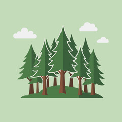 Obraz premium Flat Design Forest Landscape with Pine Trees and Clouds