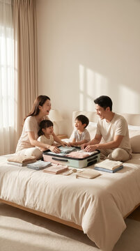 Asian family packing holiday suitcases together on a cozy bed