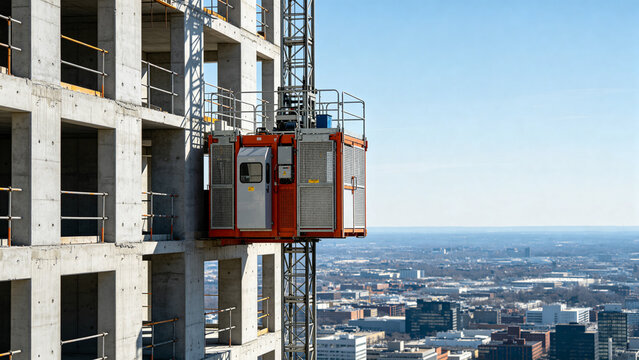 Construction Elevator on High-Rise Building Site