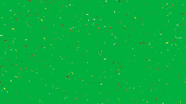 Confetti paper pieces multi-colored shards falling and fluttering isolated on green screen chroma key background for party celebration overlay.