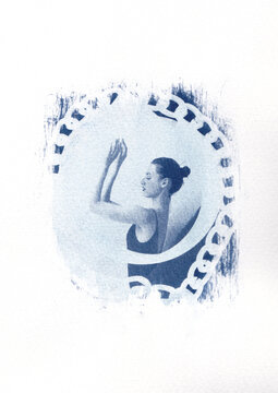 Woman dancer in cyanotype style 