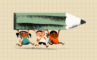 School Children Carrying Giant Pencil – Education Concept