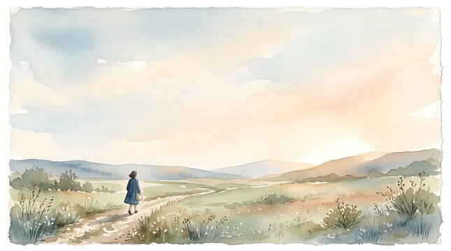 Tranquil watercolor landscape of a lone traveler walking on a rural path amidst rolling hills and fields
