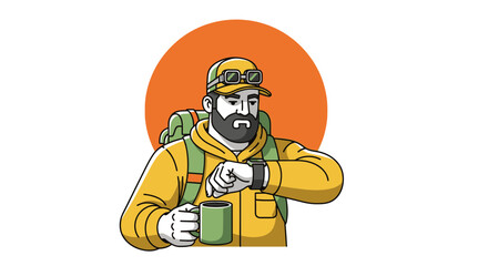 Fototapeta premium Bearded hiker in yellow jacket checking watch while holding coffee mug