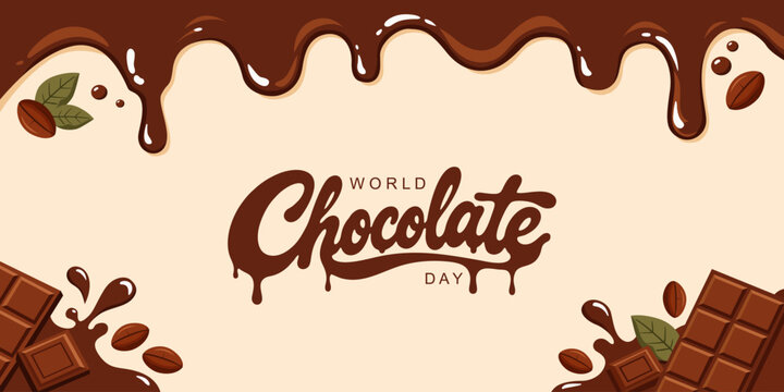 World Chocolate Day banner with dripping chocolate border, chocolate bars, cocoa beans, and hand-lettered typography on a creamy background. Vector Illustration.
