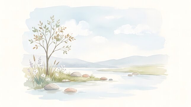 Tranquil watercolor landscape with a serene lake, gentle hills, and a solitary tree in soft pastels