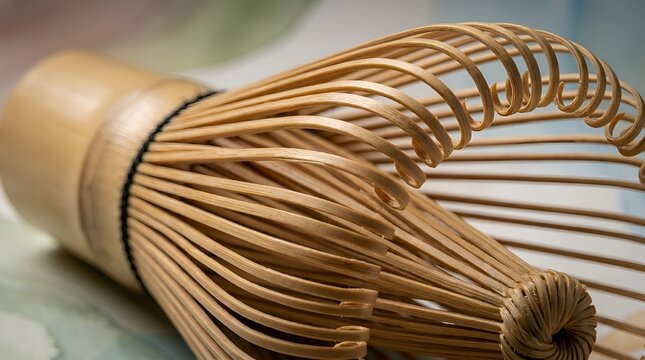 Traditional bamboo tea whisk for Japanese matcha ceremony, close-up view on textured surface