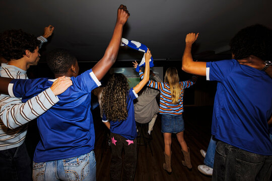 Diverse group celebrating success watching sports competition
