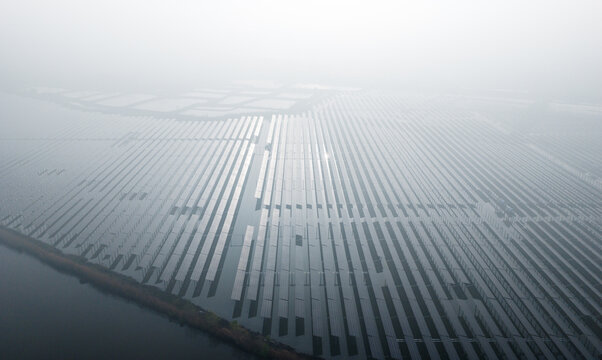 Aerial  view of floating solar panels 