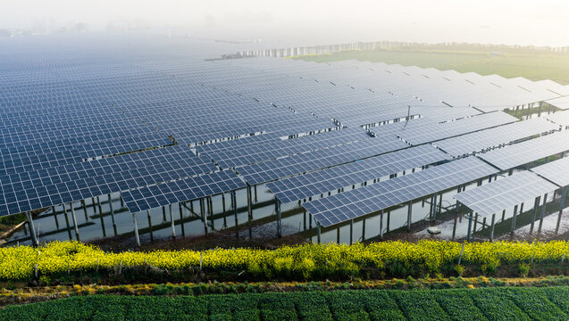 Aerial  view of floating solar panels 