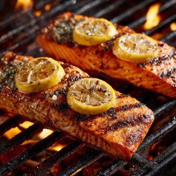 Two salmon fillets grilling with lemon slices over hot coals.