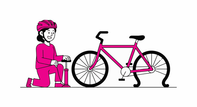 Person inflating pink bicycle tire with hand pump outdoors.